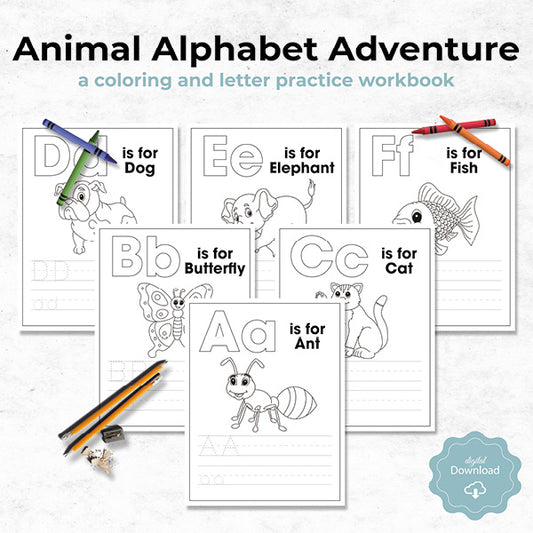 animal alphabet adventure coloring and letter practice workbook