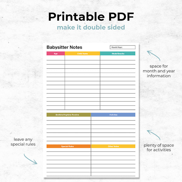 babysitter notes printable pdf document