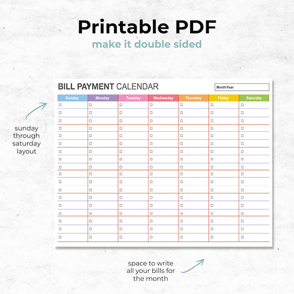 bill payment calendar printable pdf document