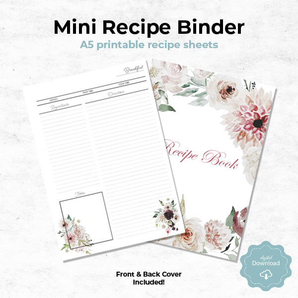 blushing rose petals mini recipe binder A5 printable
