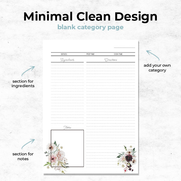 blushing rose petals mini recipe binder with a blank category page