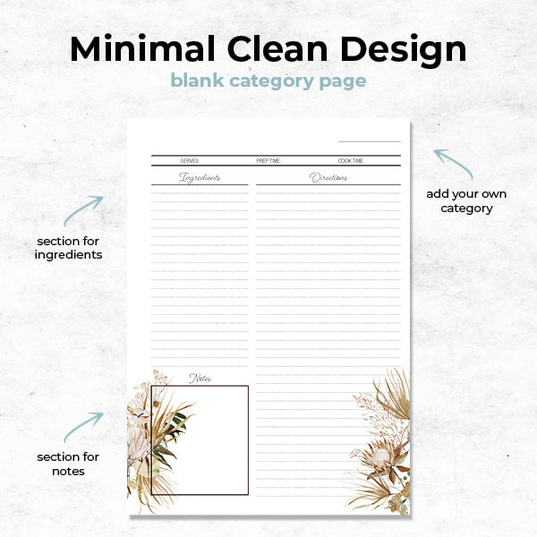 boho blossom mini recipe binder with blank category page