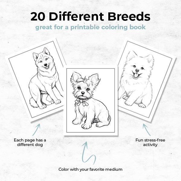20 different dog breeds printable coloring book