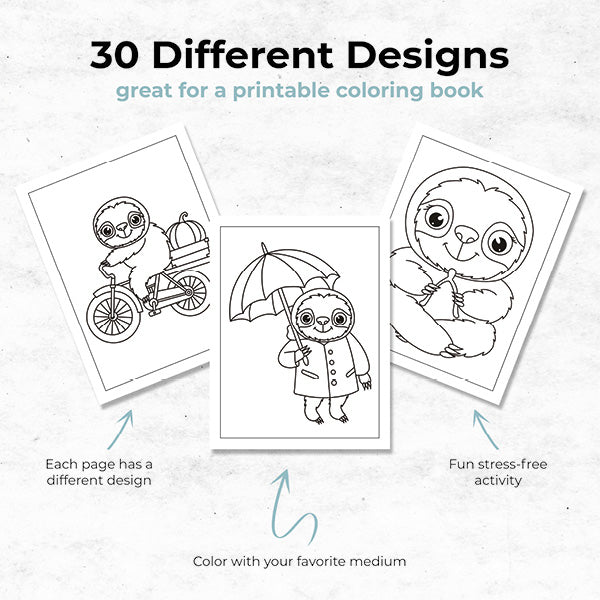 fall sloth kids coloring book with 30 different designs