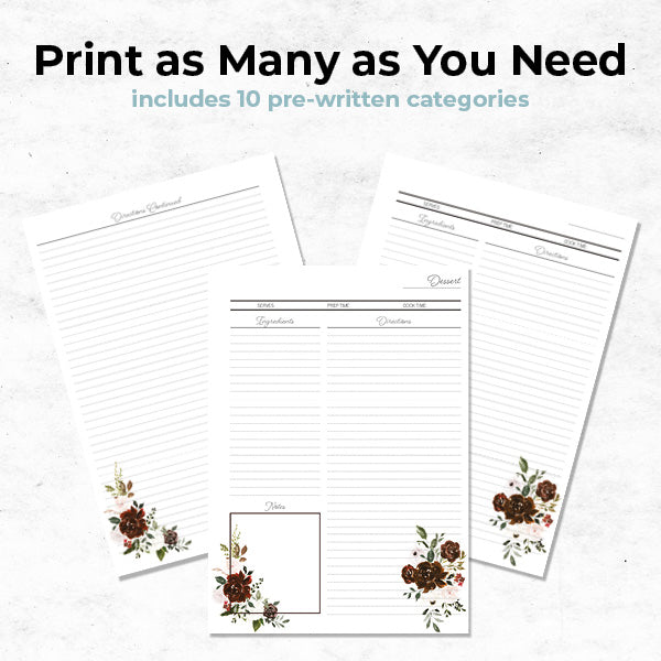 floral bouquet mini recipe binder with 10 pre-written categories