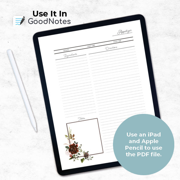 use our floral bouquet mini recipe binder in goodnotes