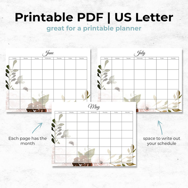 floral bouquet undated monthly calendar printable pdf document