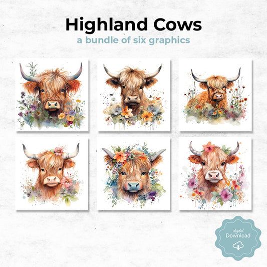 highland cows clip art bundle of six graphics