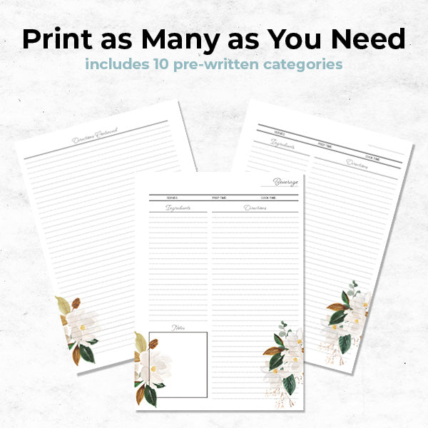 print as many as you need of this magnolia themed recipe binder