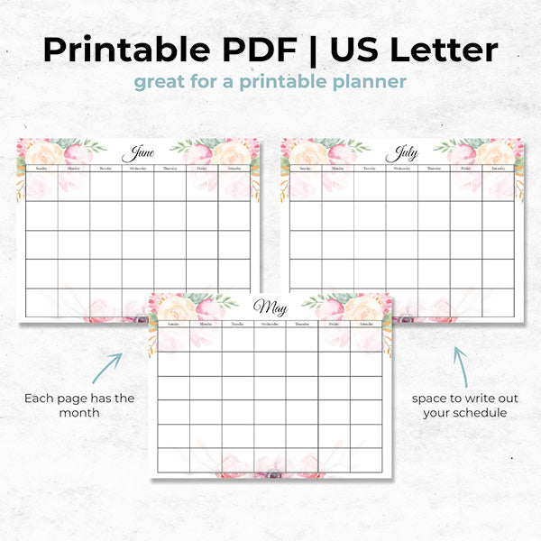 pink spring floral 12 month undated calendar printable pdf document