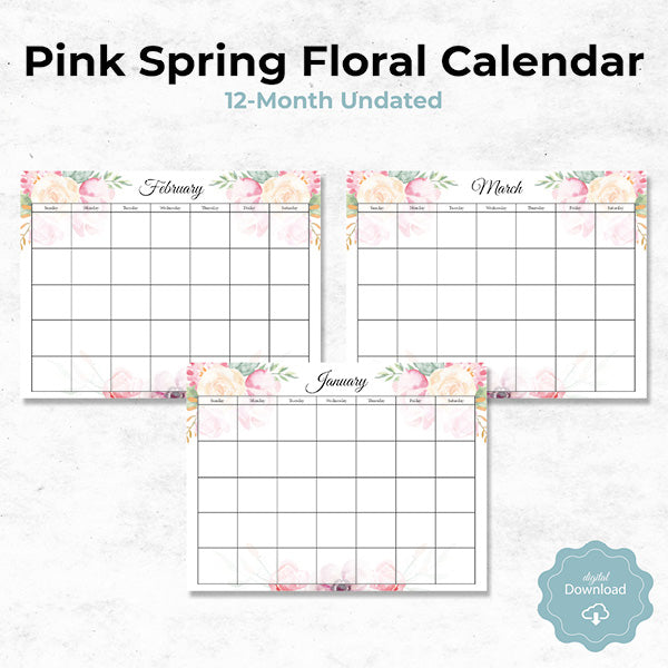 pink spring floral 12 month undated calendar printable