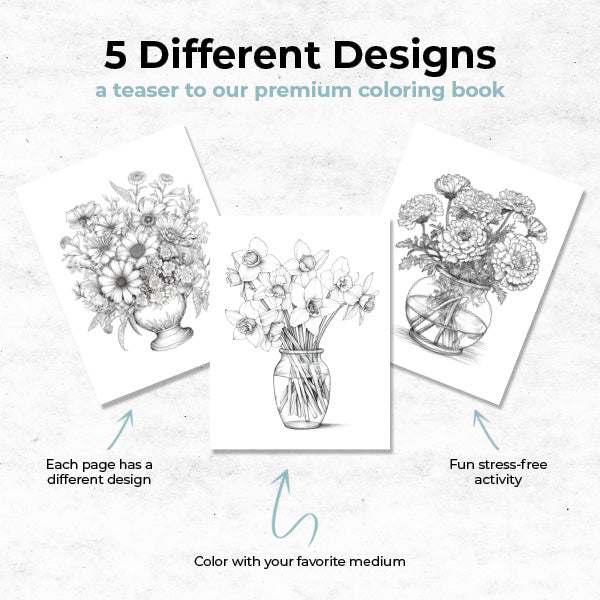 a teaser to our premium coloring book of floral impressions that includes 5 coloring pages