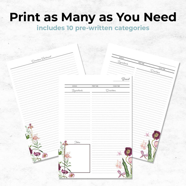 spring floral mini recipe binder printable with 10 categories