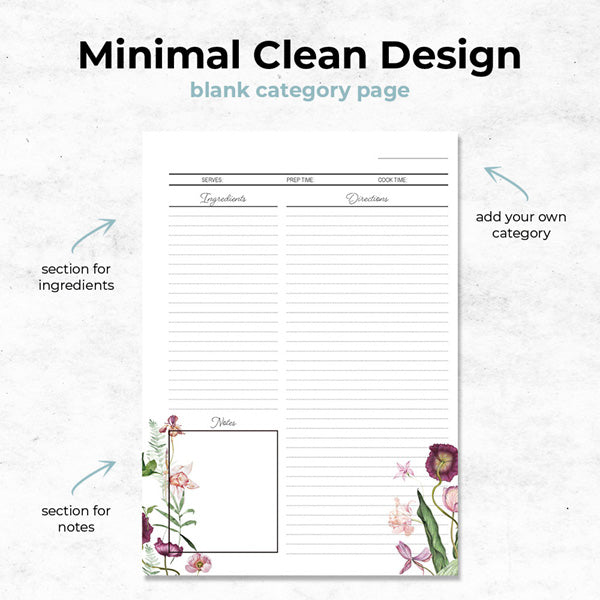spring floral mini recipe binder printable with a blank cateogory to add your own