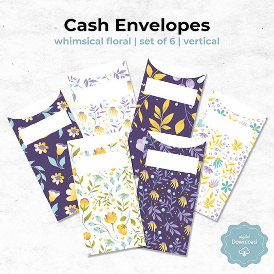 whimsical floral purple and yellow cash envelopes